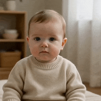 Un bébé en pull clair forme un cœur avec ses mains.