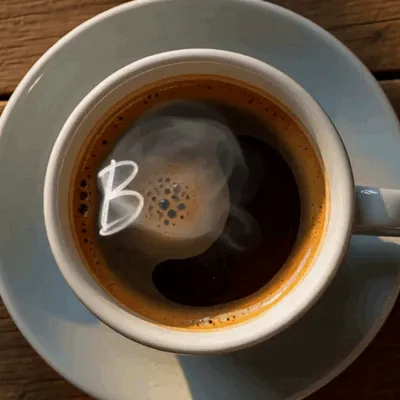 Steam rises from a cup of coffee and forms a French greeting.