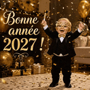 Un bébé en costume célèbre la nouvelle année au milieu de ballons dorés et de confettis.