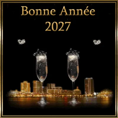 Two champagne flutes, sparkles and a golden setting celebrate a happy 2027.