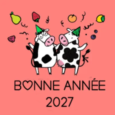 Two cows in pointed party hats celebrate on a pink background, surrounded by fruit and confetti.