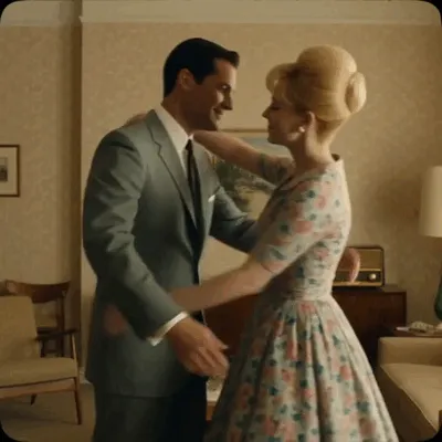 Un homme en costume et une femme en robe fleurie s’enlacent dans un intérieur au style rétro.