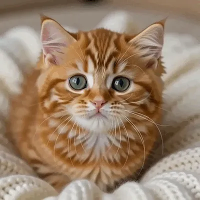 Un chaton roux aux grands yeux clairs fait un bisou depuis sa couverture moelleuse.