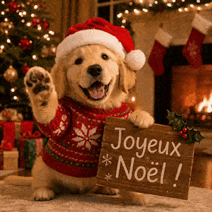 Un chien en bonnet de Noël fait coucou avec sa patte près d’une pancarte Joyeux Noël.