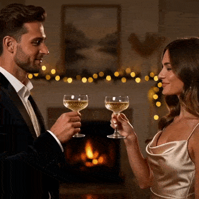Un couple se regarde et trinque avec deux coupes.