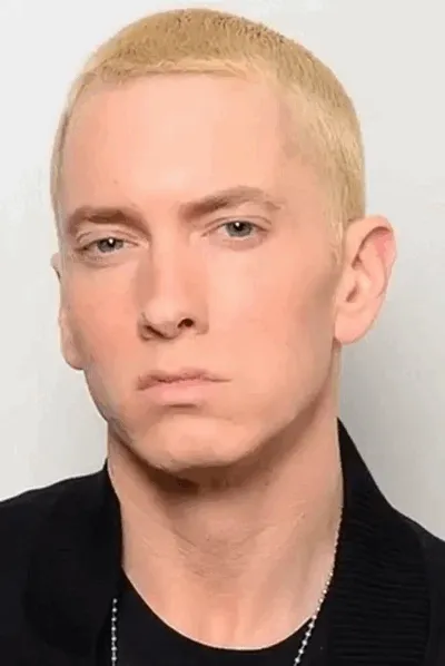 Eminem shakes his head to express a firm refusal.