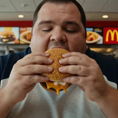 Un homme mord à pleines dents dans un burger au restaurant.