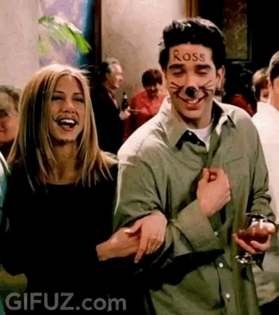 Ross and Rachel party with big smiles and a memorable look.