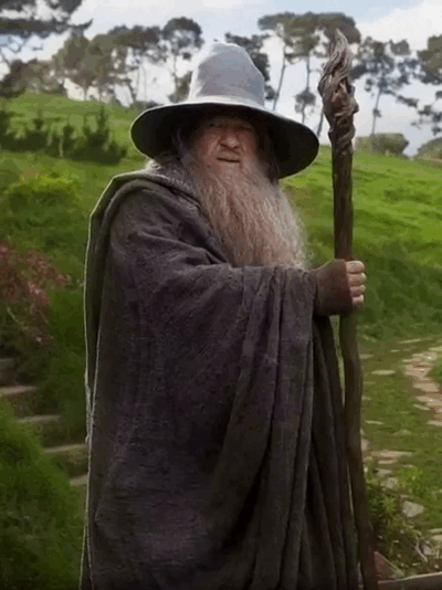 Gandalf shows his annoyance with his staff in hand.
