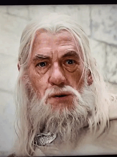 Gandalf le Blanc réagit avec un rire et une expression amusée.