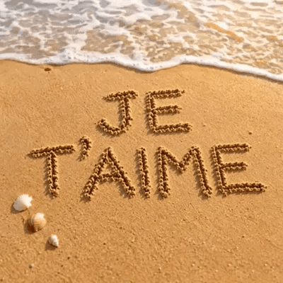 "Te amo" está escrito en francés en la arena junto a las olas.