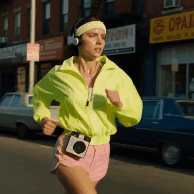 Gelbe Jacke, pinke Shorts und ein tragbarer Musikspieler: Ein Läufer bewegt sich voller Energie.
