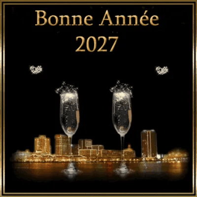 Duas taças de champagne, brilhos e um cenário dourado celebram um feliz 2027.