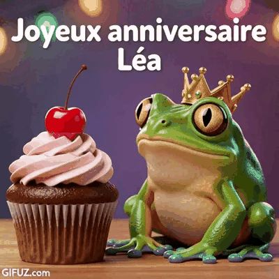 Una rana con corona posa accanto a un cupcake sotto un messaggio di Buon compleanno Léa.