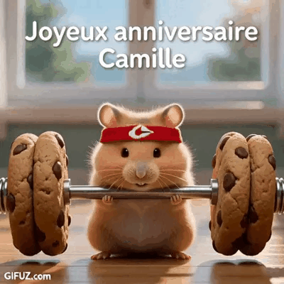 Un criceto con una fascia rossa sulla testa solleva bilancieri a forma di biscotto per il compleanno di Camille.