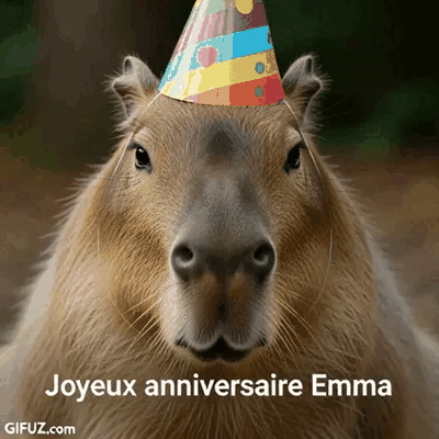 Uma capivara usa um chapéu colorido sob uma mensagem de Feliz Aniversário Emma.