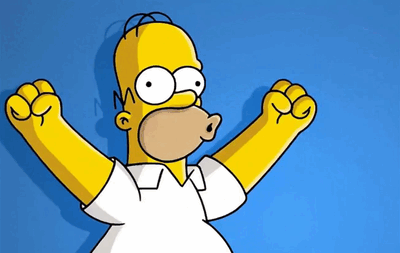 Homer raises his arms and shouts Woohoo!