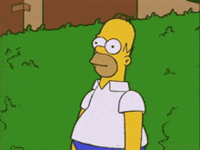 Homer hides in the hedge to escape an awkward moment.