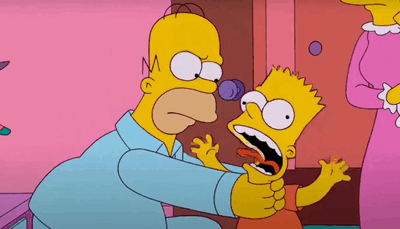 Homer loses patience and grabs Bart by the neck in this Simpsons scene.