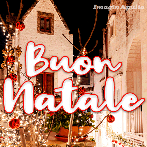 Gli auguri di Buon Natale brillano tra case e luci festive.