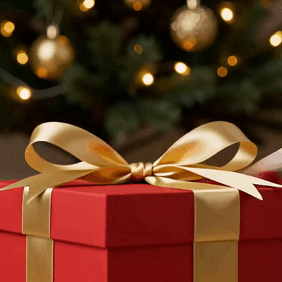 Un regalo rosso rivela la scritta dorata Buon Natale.