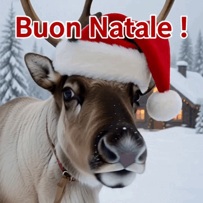 Una renna con il cappello di Babbo Natale nella neve.