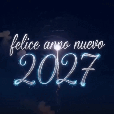 La scritta Felice anno nuovo 2027 brilla tra fuochi azzurri.