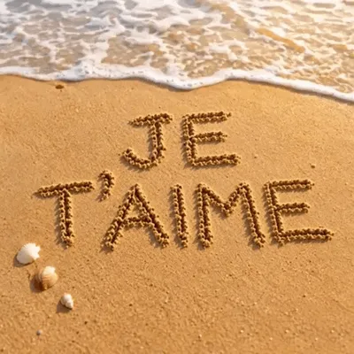 Les mots Je t’aime sont tracés dans le sable au bord de la mer, près de petits coquillages.