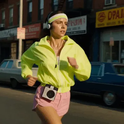 Yellow jacket, pink shorts and a portable music player: a runner moves with energy.