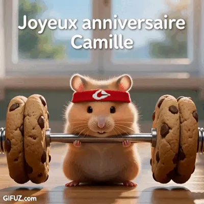 Un hamster avec un bandeau rouge soulève des haltères en cookies pour l’anniversaire de Camille.