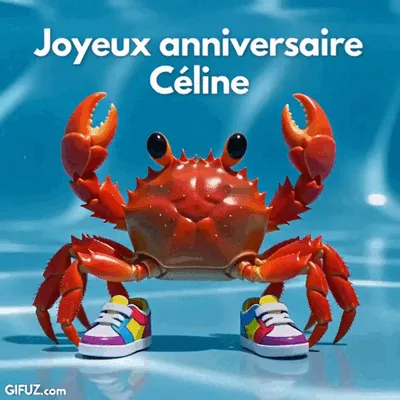 A red crab in sneakers raises its claws beneath a Happy Birthday Céline message.