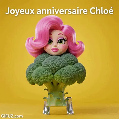 A broccoli character with pink hair celebrates Chloé's birthday.