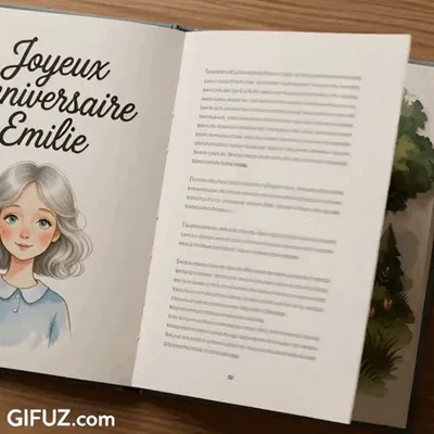 An illustrated book opens to reveal a Happy Birthday Émilie message.