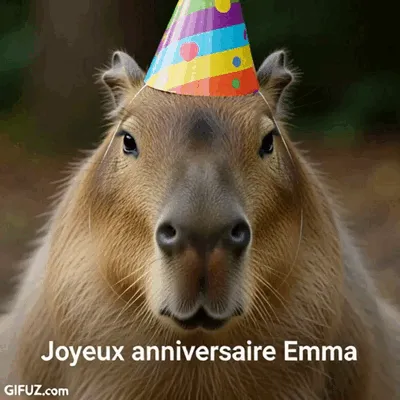 A capybara wears a colorful hat beneath a Happy Birthday Emma message.