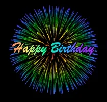 The words Happy Birthday appear amid colorful fireworks on a black background.