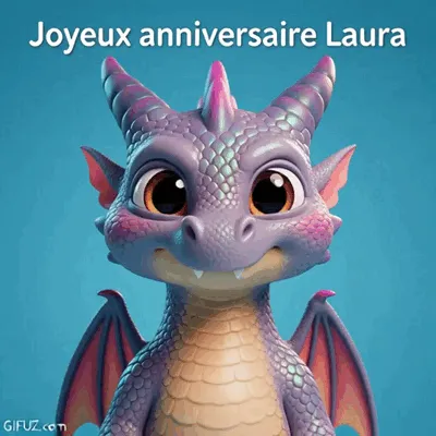 A little purple dragon smiles beneath a Happy Birthday Laura message.