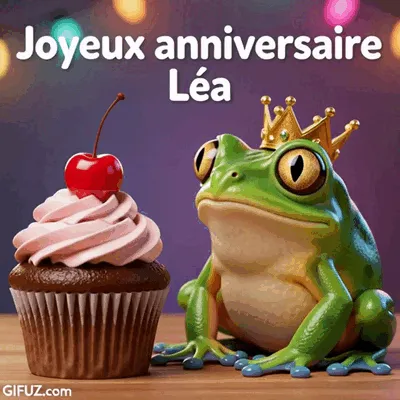 A crowned frog poses beside a cupcake beneath a Happy Birthday Léa message.