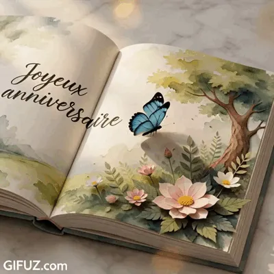 An open book reveals flowers and a blue butterfly beside a Happy Birthday message.
