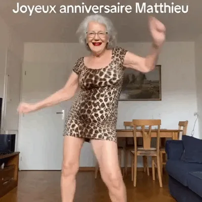 An energetic grandmother dances to wish Matthieu a happy birthday.
