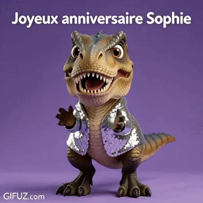 A little dinosaur wears a sequined jacket beneath a Happy Birthday Sophie message.
