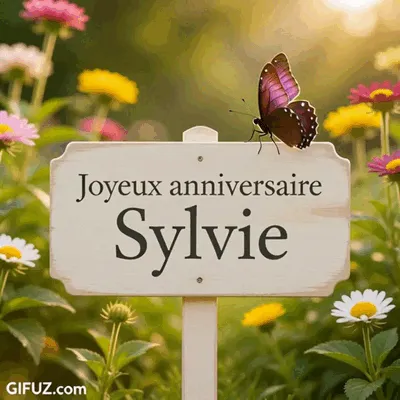A butterfly lands near a Happy Birthday Sylvie sign in a flower-filled garden.