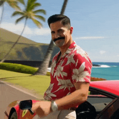 Un homme en chemise hawaïenne pose près d’une voiture rouge et d’un panneau Joyeux Anniversaire.