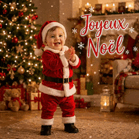 Un bébé en tenue de Père Noël applaudit devant un sapin et le texte Joyeux Noël.
