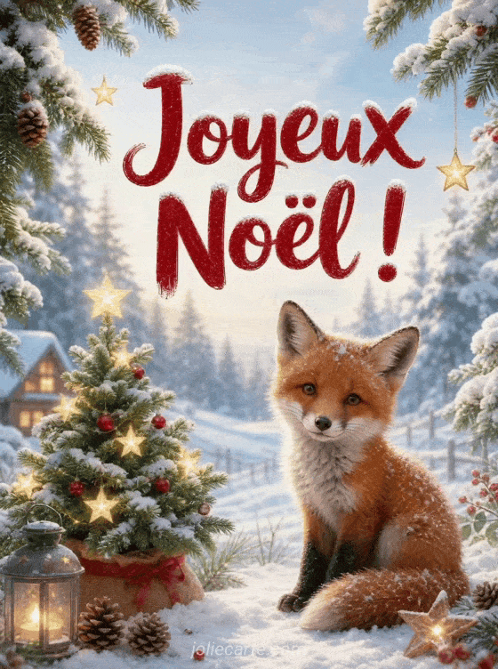 Un renard dans un paysage enneigé accompagne le message Joyeux Noël.