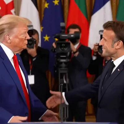 A humorous scene featuring Macron and Trump in an unexpected embrace.