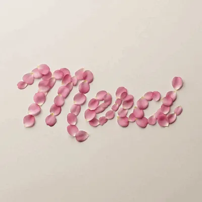Pink rose petals spell the French word for Thank You on a light background.