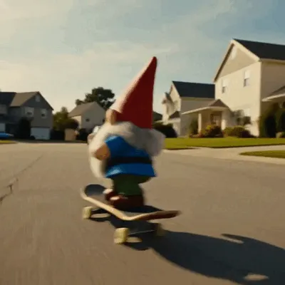 Un nain de jardin au bonnet rouge roule en skateboard dans une rue résidentielle.