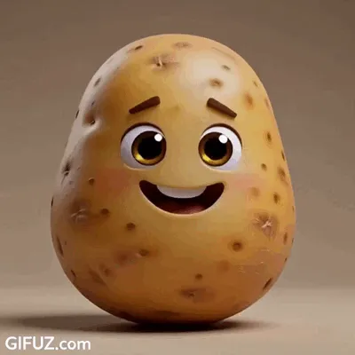 A little animated potato smiles with big, expressive eyes.