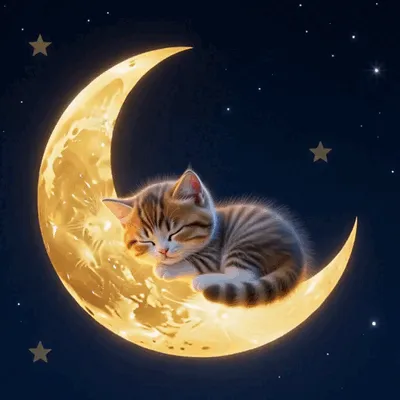 A kitten sleeps on a glowing crescent moon in a starry sky.