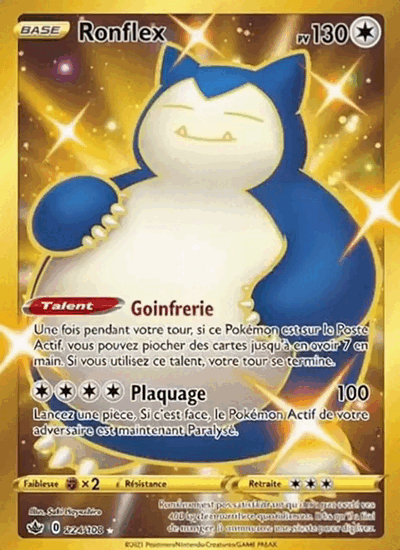 A Snorlax card lights up with golden reflections.